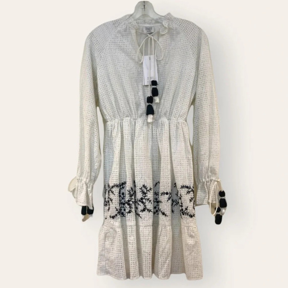 RARE Hemant & Nandita Embroidered Eyelet Tassled V Neck Cotton Mini Dress XS NWT - Picture 1 of 11